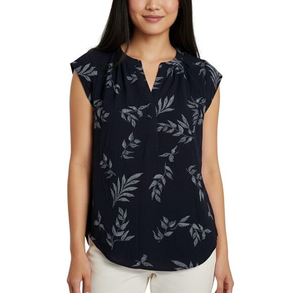 41 Hawthorn Women’s Split Neck Short Sleeve Blouse Black Leaf Print NWT Small - Picture 1 of 7